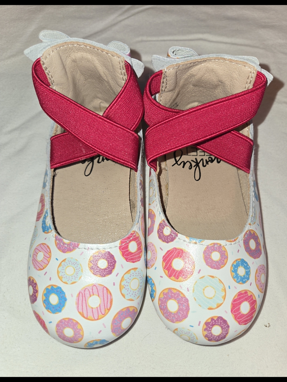 Monkey Feet Girls Pink Donut Print Mary Jane Shoes with Cross Straps SZ 12 - 18m